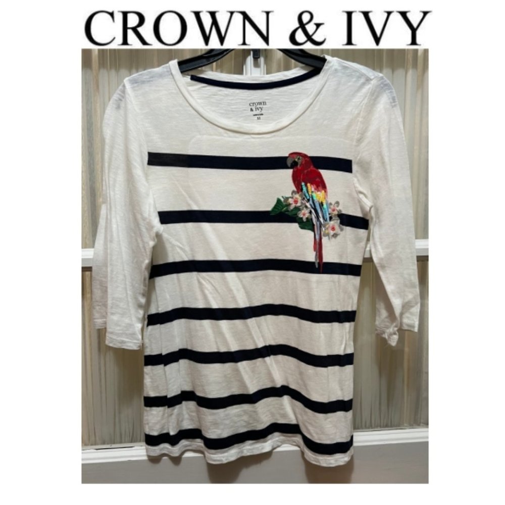 Crown & Ivy top with stripes and colorful parrot; girls' size M